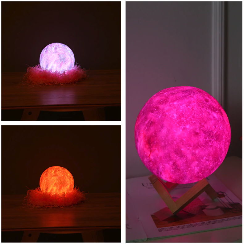 realistic moon lamp night light changing colours in pink, purple and orange