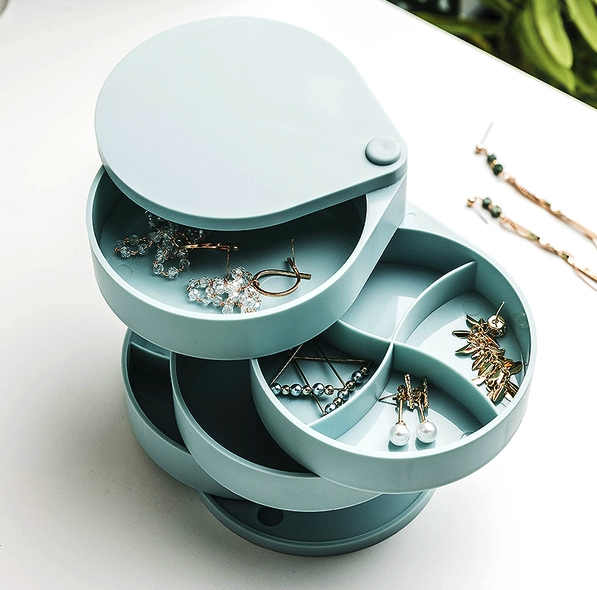 Cute & Cheap Jewellery Organisers four rotating layers jewellery box in pink for earrings, rings, necklaces and bracelets in blue