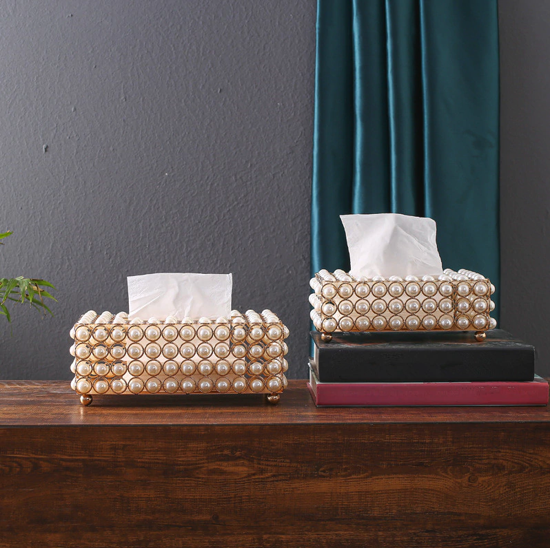 cute cheap tissue paper box cover with luxurious pearls
