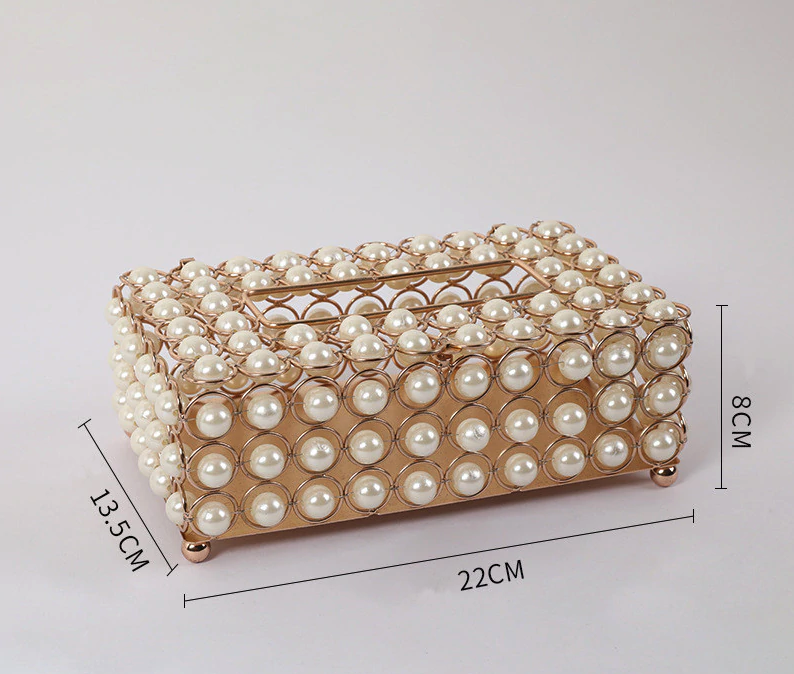 cute cheap tissue paper box cover with luxurious pearls close up and dimensions