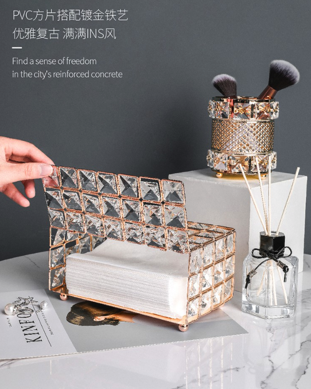 cute cheap tissue paper box cover luxurious crystal transparent glass design with matching makeup brush holder