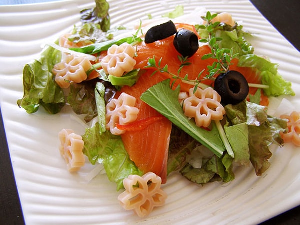 sakura-shaped pasta as salad topping