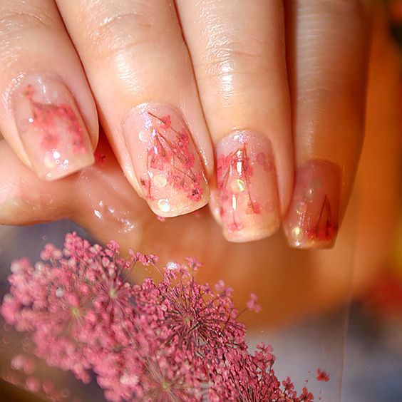 minimalist floral nails pink baby's breath