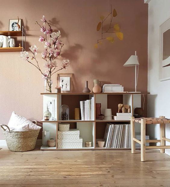 Pink wall near bookshelf in bedroom