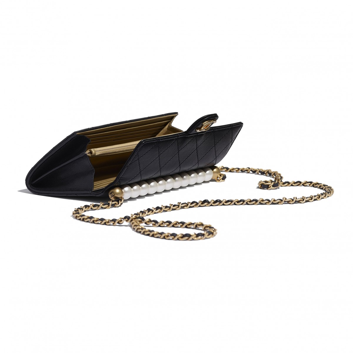 Chanel clutch with chain pearl bag in black opened up view