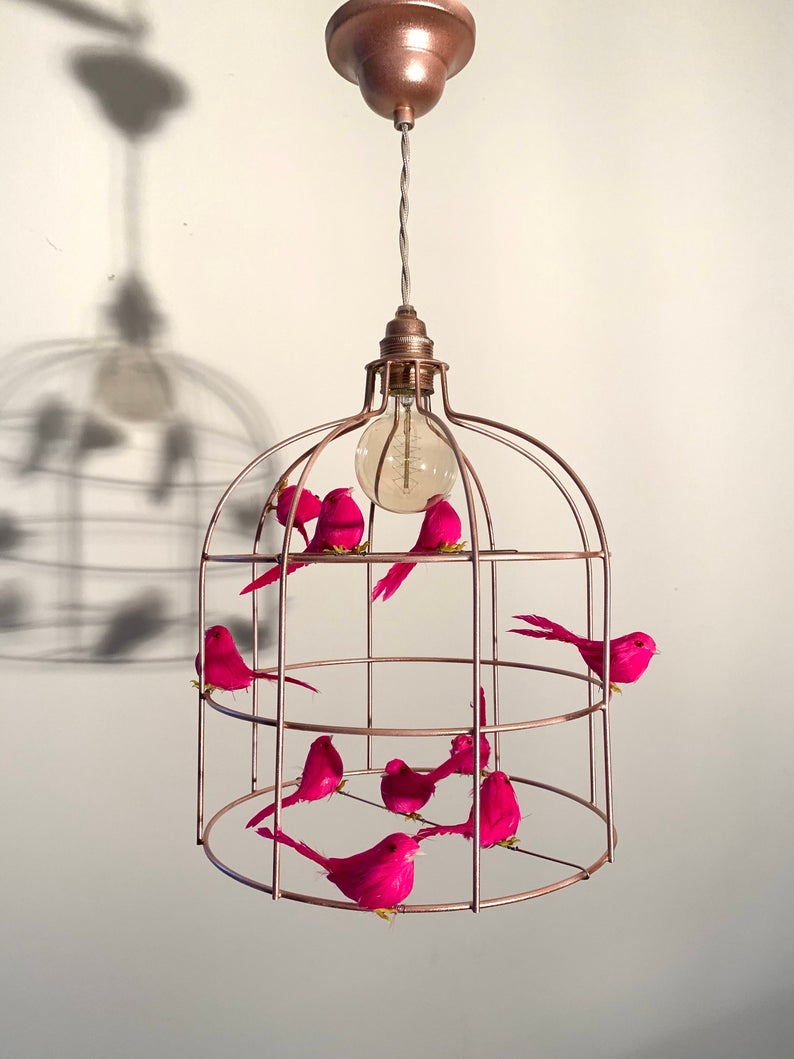 gorgeous birdcage lamp but in a pendant shape and with pink birds