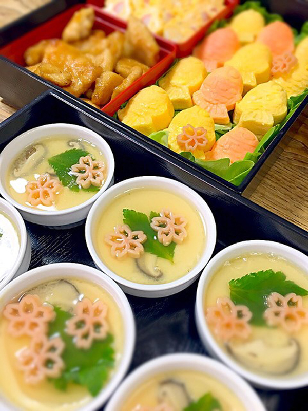 sakura-shaped pasta as topping for japanese steamed eggs chawanmushi