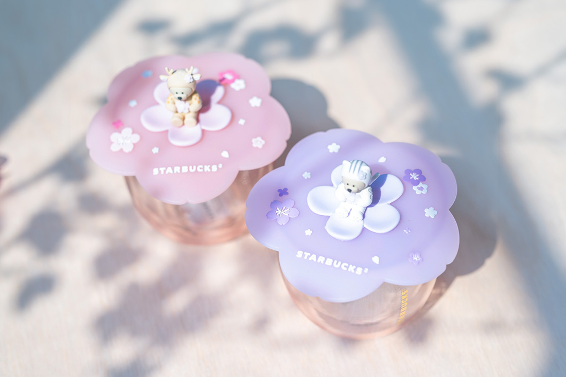 Bearista cup lids in purple and pink New Starbucks Singapore Sakura Party Merchandise in march 2020