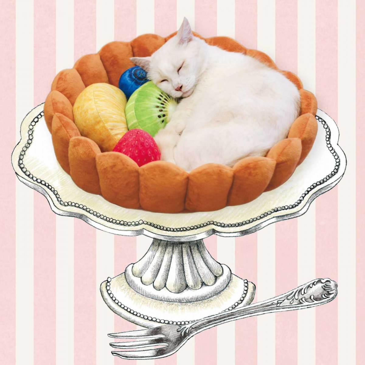 white cat sleeping in You+More! Fruit tart bed