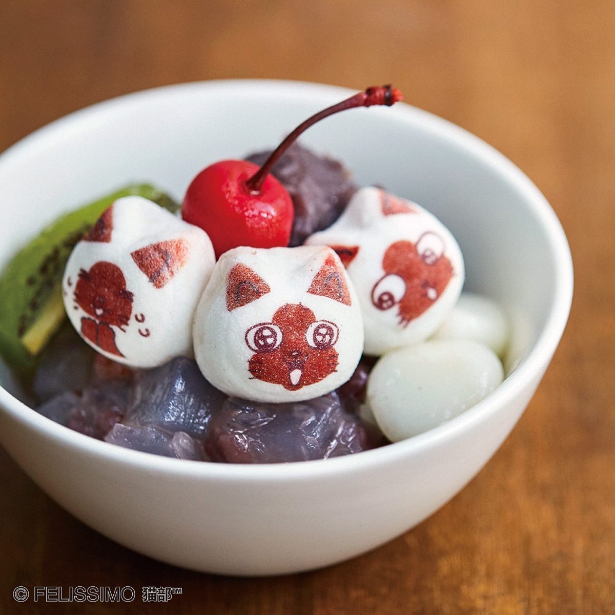 Ofuku cat marshmallows in a bowl of Japanese red bean dessert
