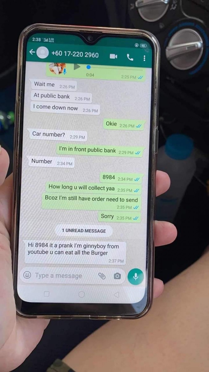 text message of fake burger order in Malaysia ginnyboy from YouTube