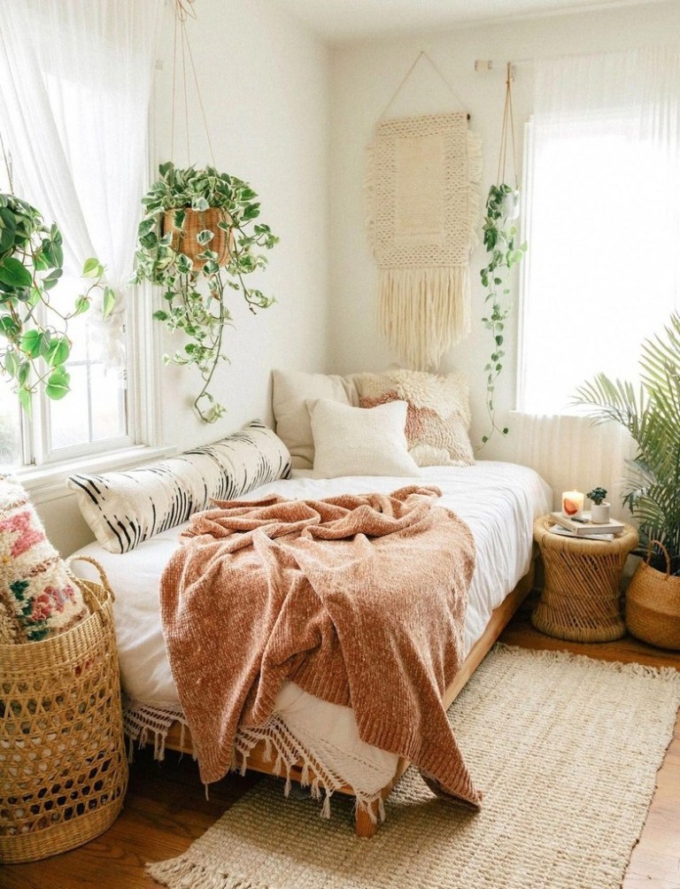 Pink bedroom with plants