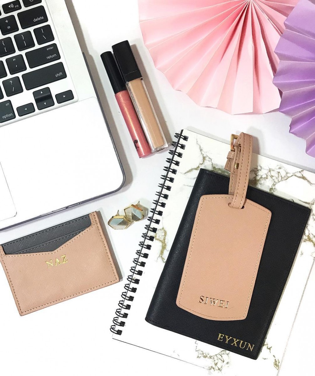 The Imprint pink leather card holder and luggage tag with personalised initials monogrammed