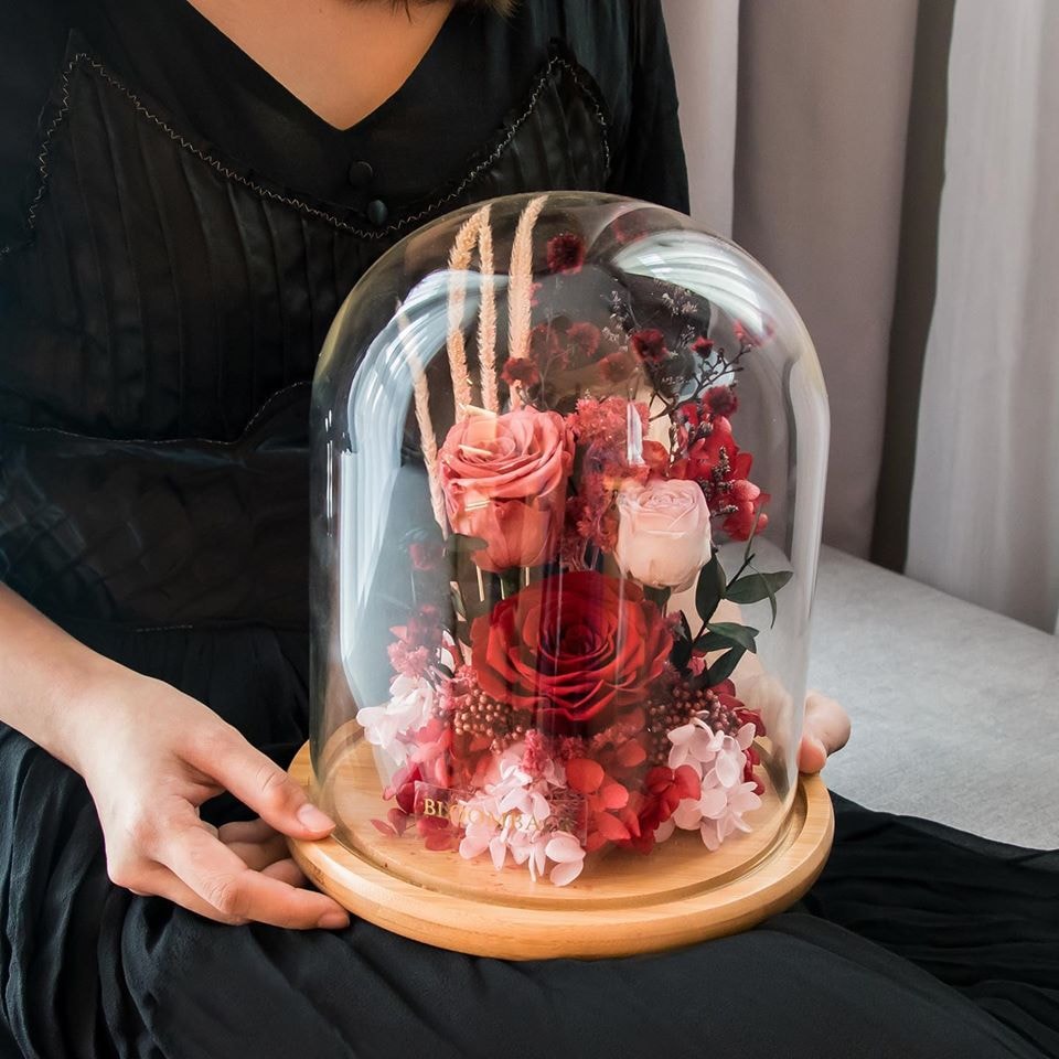red and pink Preserved flower glass dome