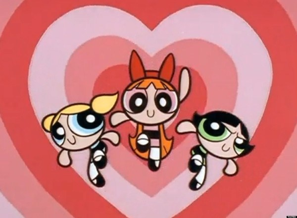 The PowerPuff Girls in a heart shape background