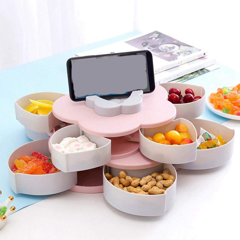 Rotating flower petal snack and phone tray
