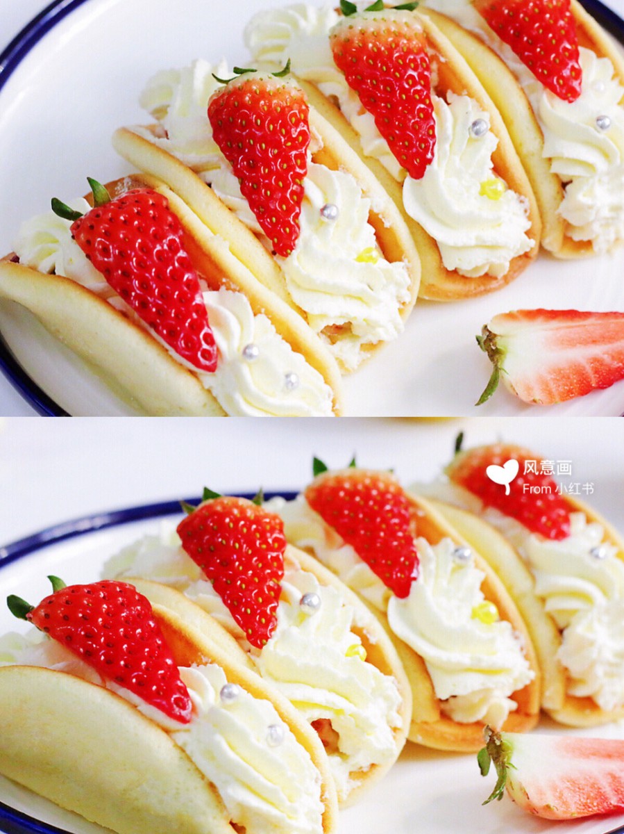 Souffle pancakes with whipped cream and strawberries