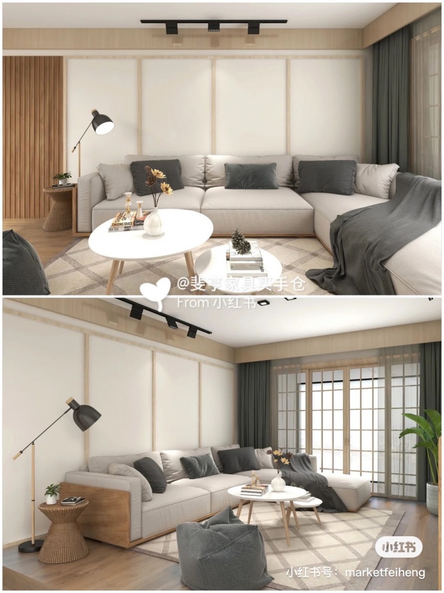Living room with white, brown and grey colour palette