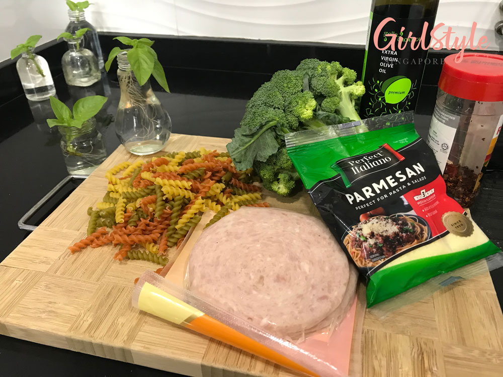 ingredients for homemade Creamy rotini pasta with broccoli, parmesan cheese and ham
