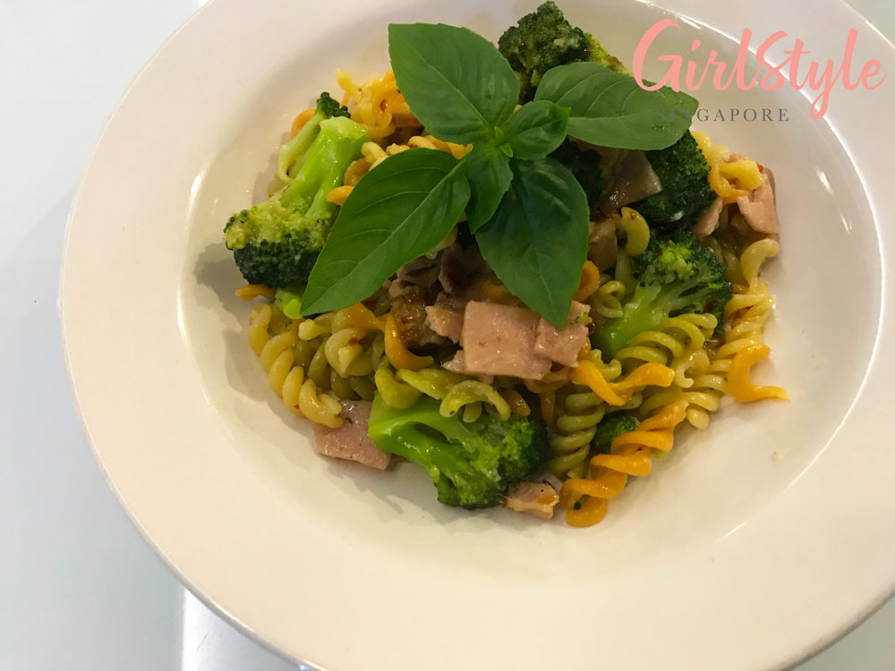 homemade Creamy rotini pasta with broccoli and ham