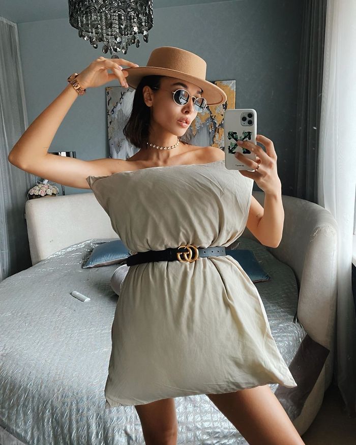 Lady with pillow wrapped up 