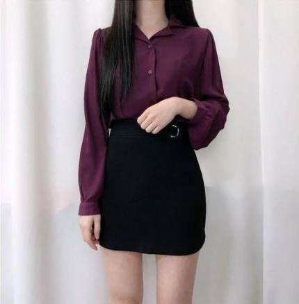 Maroon collared shirt with black a-line skirt