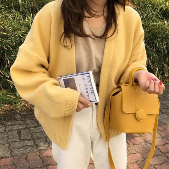Pastel yellow outerwear and white pants 