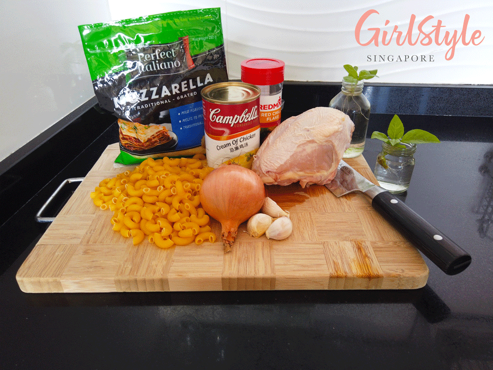 ingredients for homemade Mac & cheese pasta with chicken and carrots