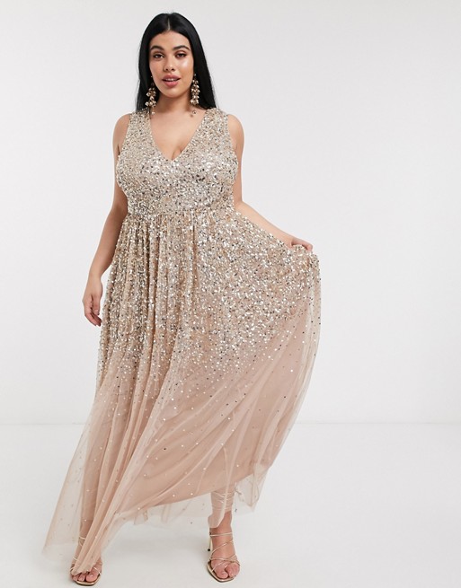 Maya Plus plunge front delicate scattered sequin maxi dress in taupe blush