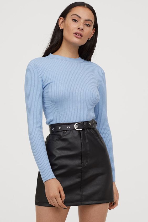 Black leather skirt with a sweater