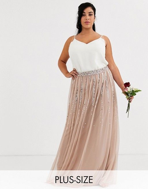 Maya Plus Bridesmaid delicate sequin tulle skirt in taupe blush