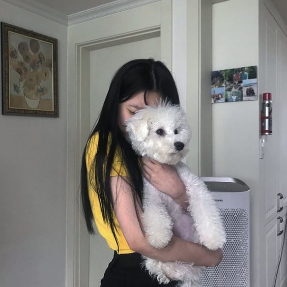 asian girl holding a small white dog
