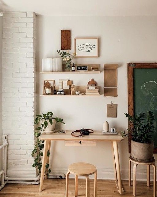 brown home office with houseplants