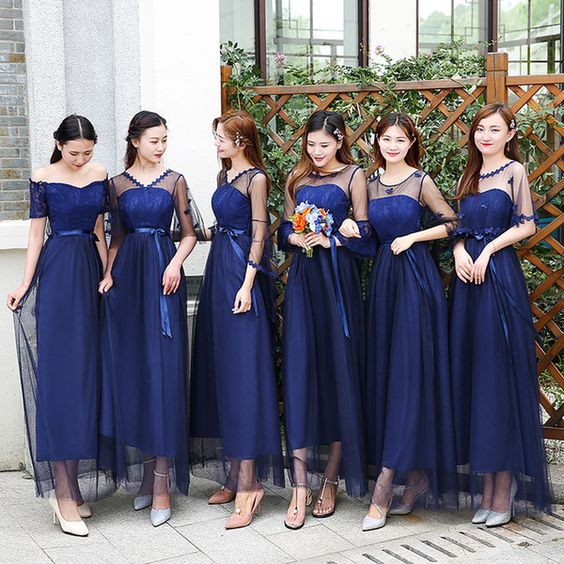 asian bridesmaids in dark blue maxi dresses