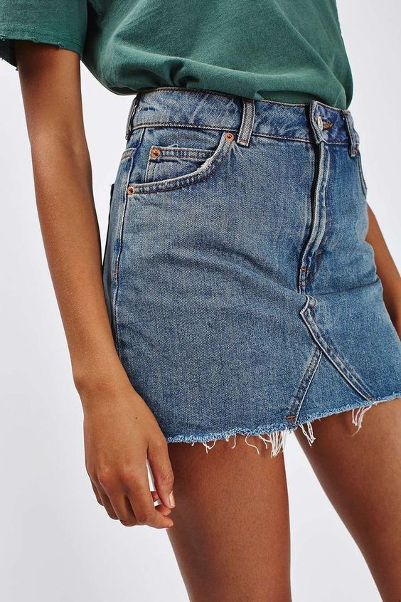 Short denim skirt side view