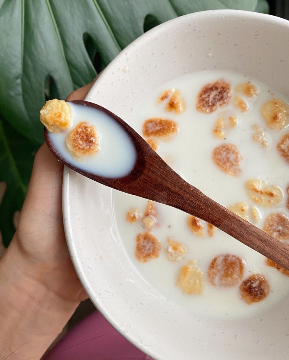 Bowl of pancake cereal with milk