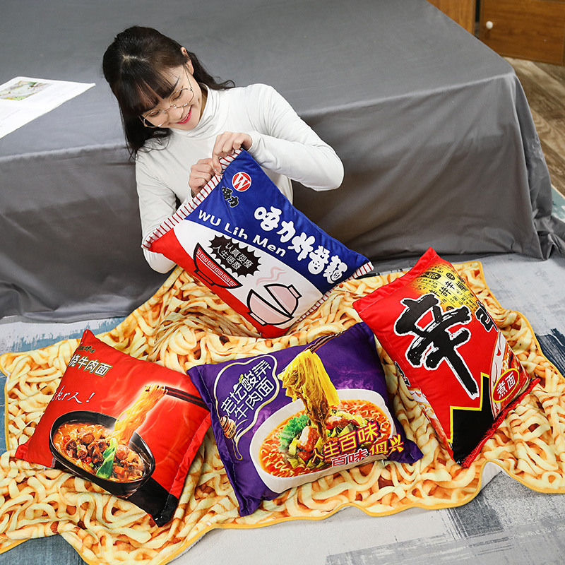 Girl opening up ramen pillows