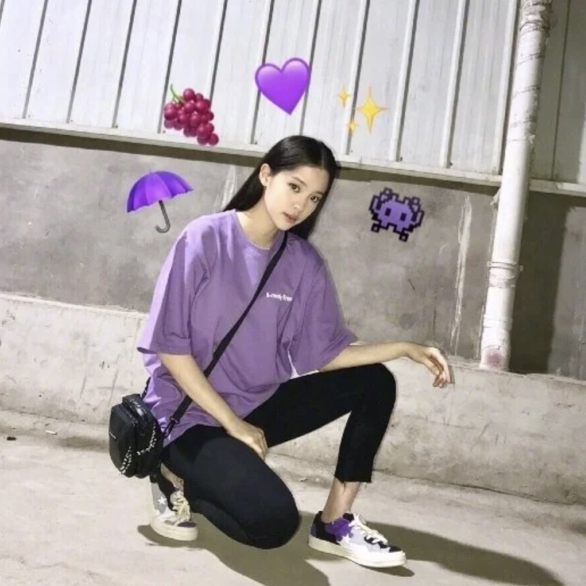 asian girl with emoji rainbow in purple