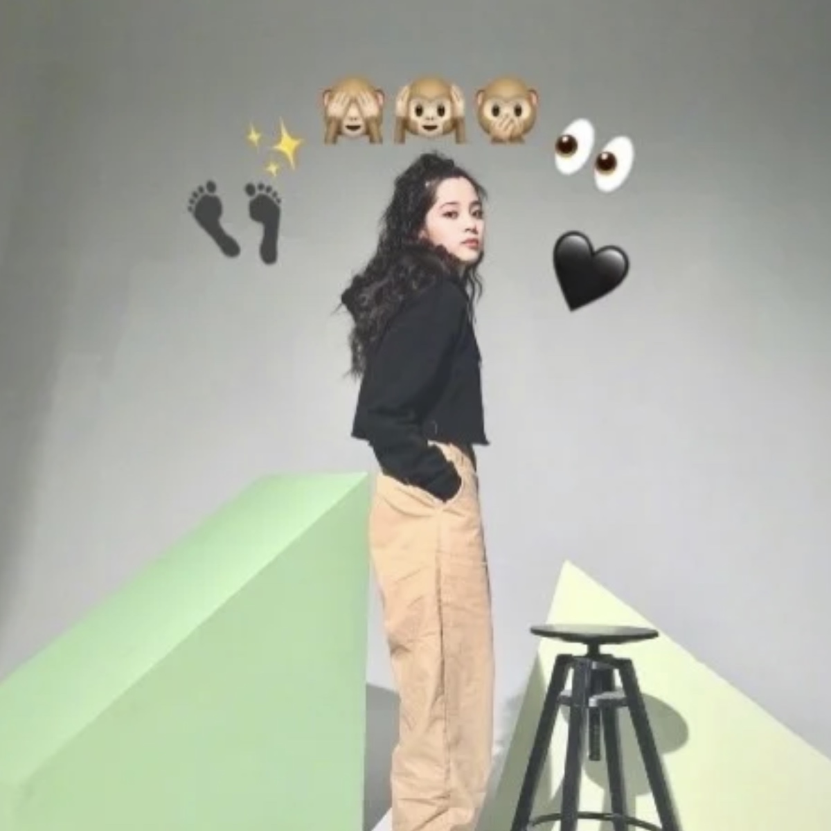 asian girl with emoji rainbow using monkeys eyes and heart