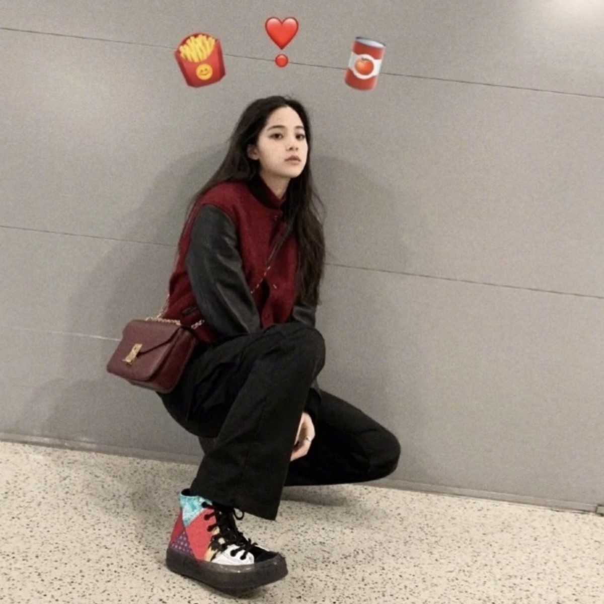 asian girl with emoji rainbow in red