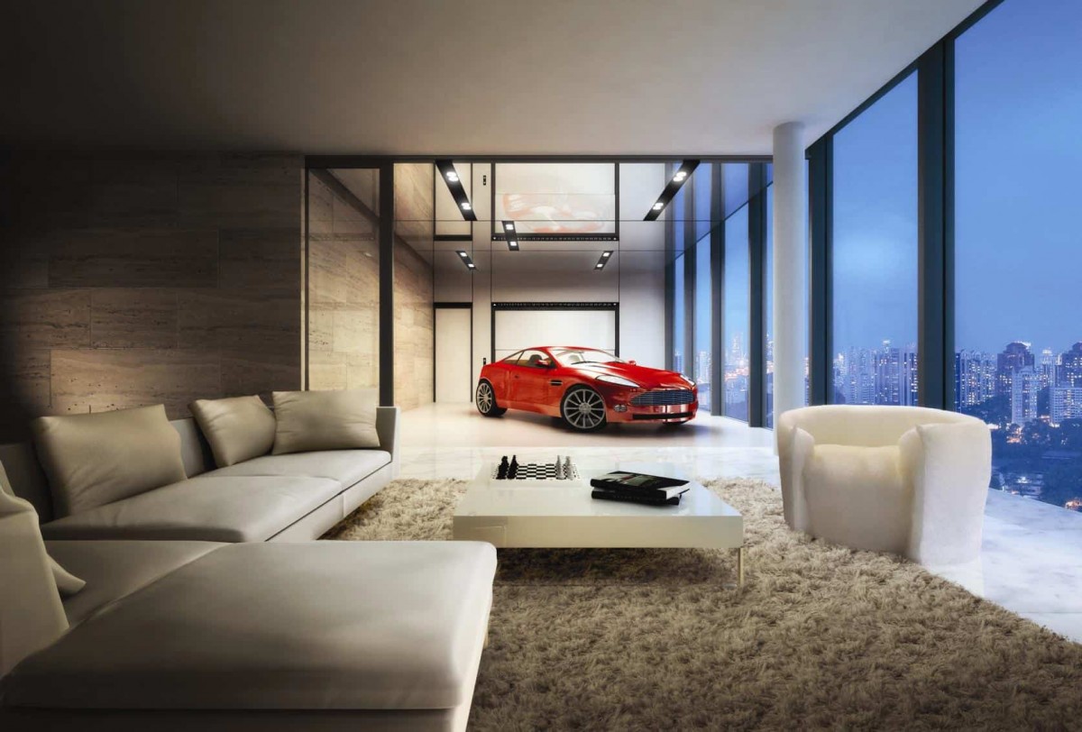 red sports car in living room of Reignwood Hamilton Scotts
