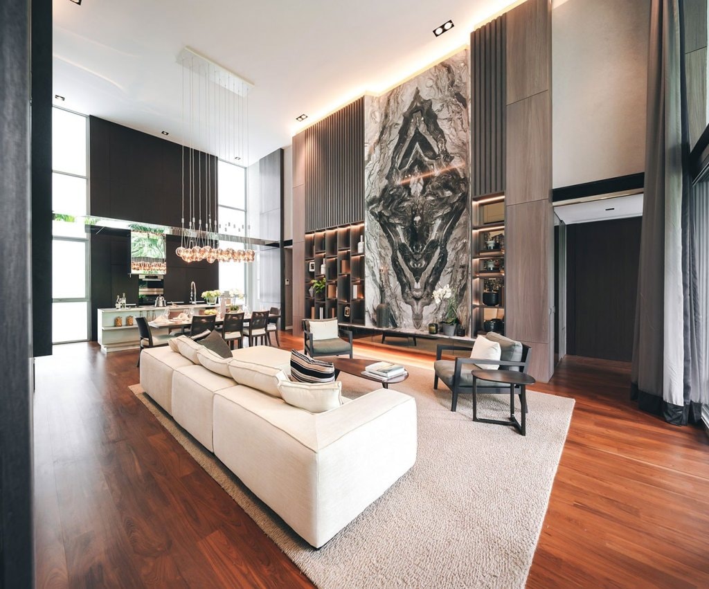 The Oliv living room with high ceilings