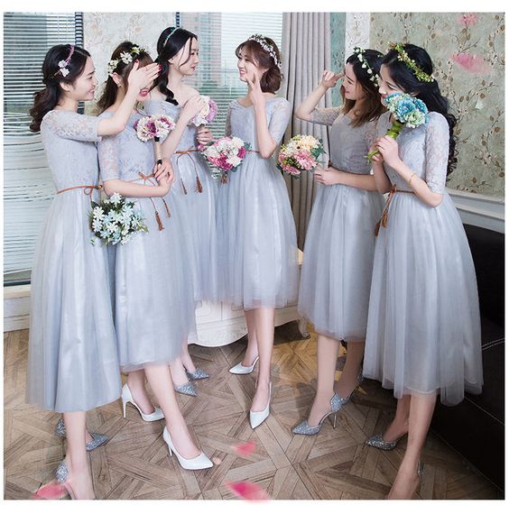 asian bridesmaids in light grey midi dresses with three quater length sleeves