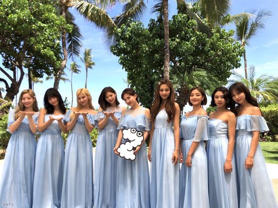 TWICE wearing blue bridesmaid dresses