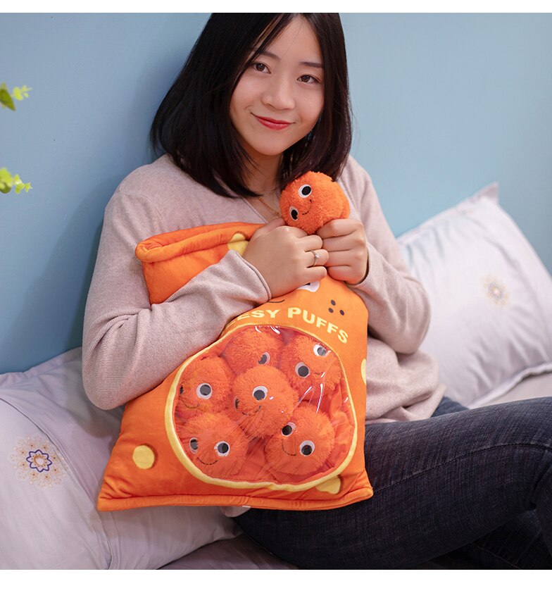Woman hugging cheesy puffs pillow
