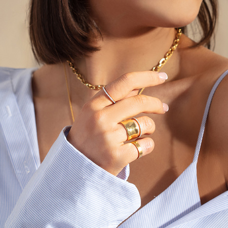 woman wearing necklace and stacked rings Monica Vinader Skinny Eternity Ring 