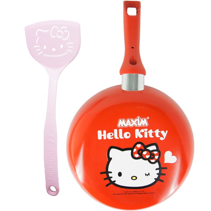 red Hello Kitty frying pan with pink spatula