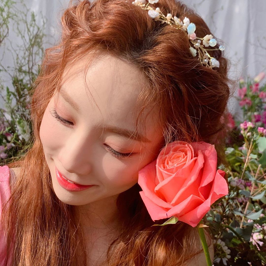 taeyeon with orange brown curly hair holding a rose