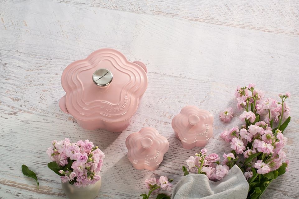 Le Creuset pink Flower Casserole in two sizes