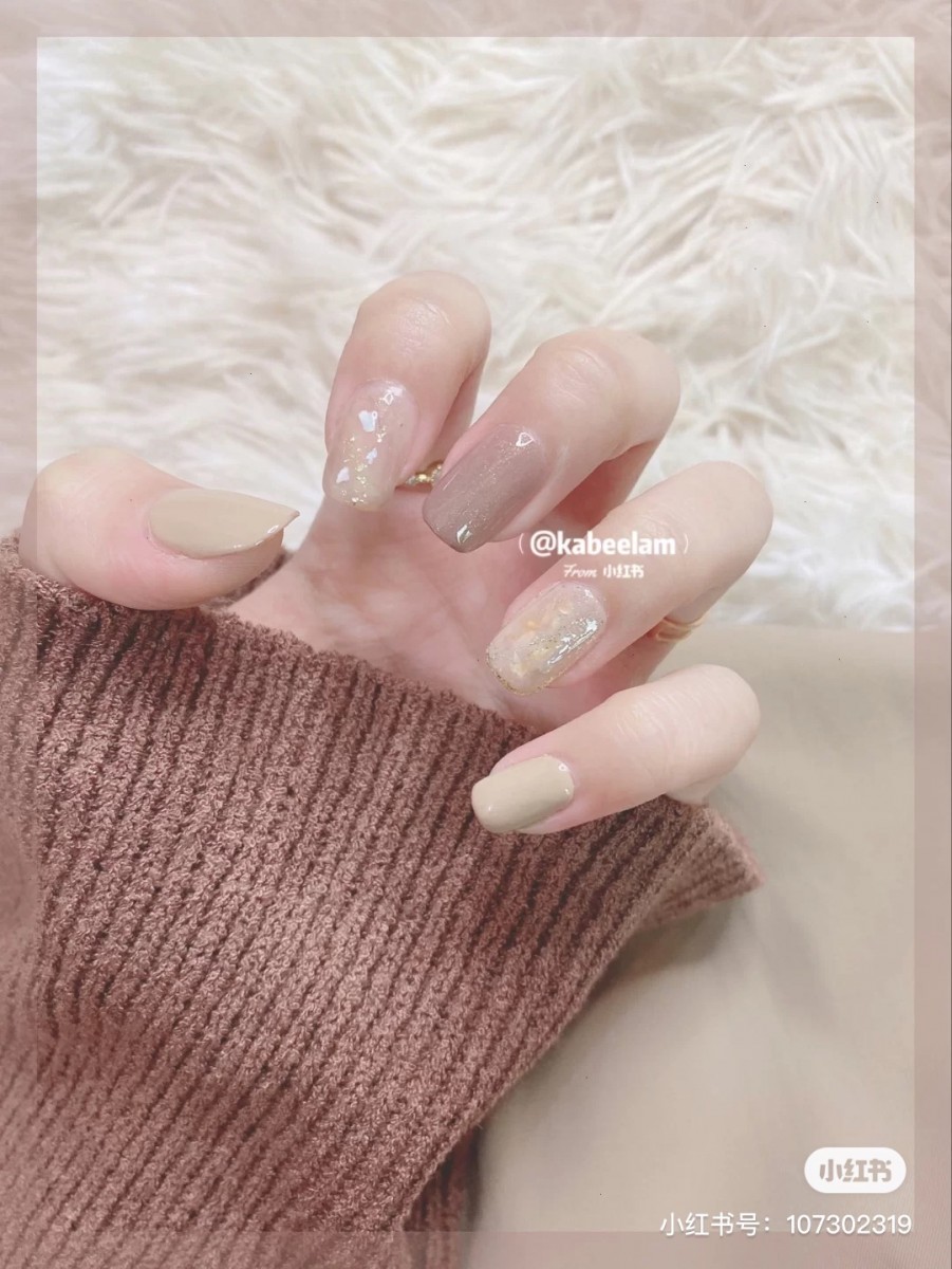 Milk tea shade nails with designs